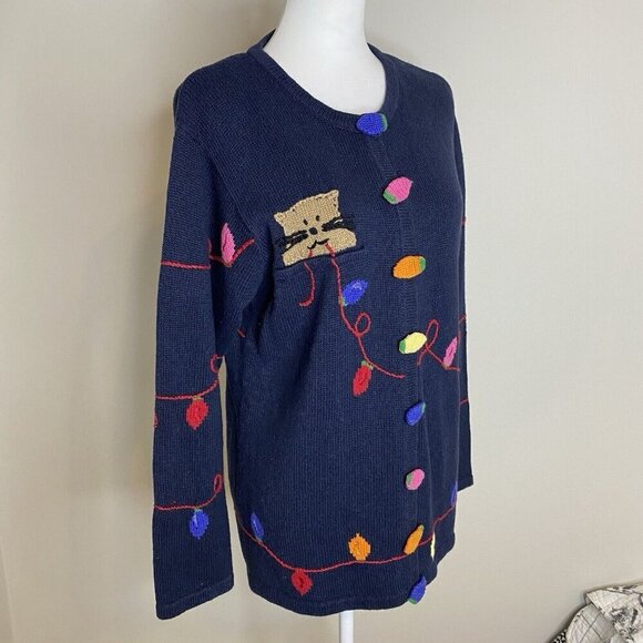Vintage Quacker Factory Cat Holiday Christmas Light Sweater Cardigan Blue Medium - Picture 3 of 12